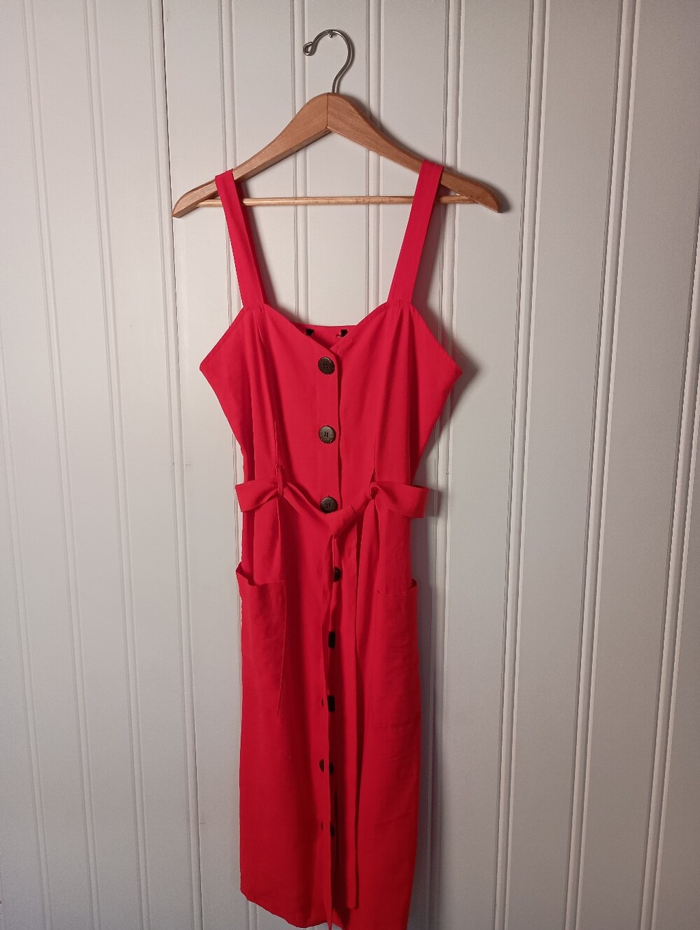 Fun!- Cherry Red Button-Front Midi Dress with Pockets!- Size M